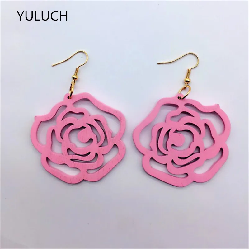 Yuluch Pair New Design Good African Wood Rose Flower Earrings Latest New Arrival Round New Design Quality 6 4709C_