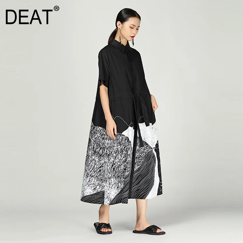 

[DEAT] 2019 New Spring Summer Lapel Short Sleeve Pattern Printed Loose Waist Drawstring Shirt Dress Women Fashion Tide JS75