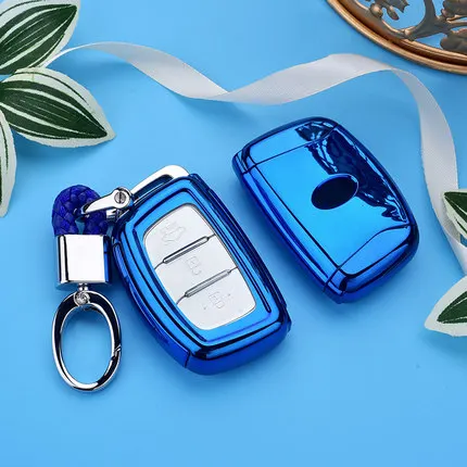 ТПУ брелок Оболочка Чехол для hyundai Creta I10 I20 Tucson Elantra Santa Fe - Название цвета: blue with keychain