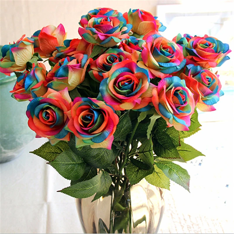 Wedding Party Bridal Rainbow Single Stem Rose Artificial ...