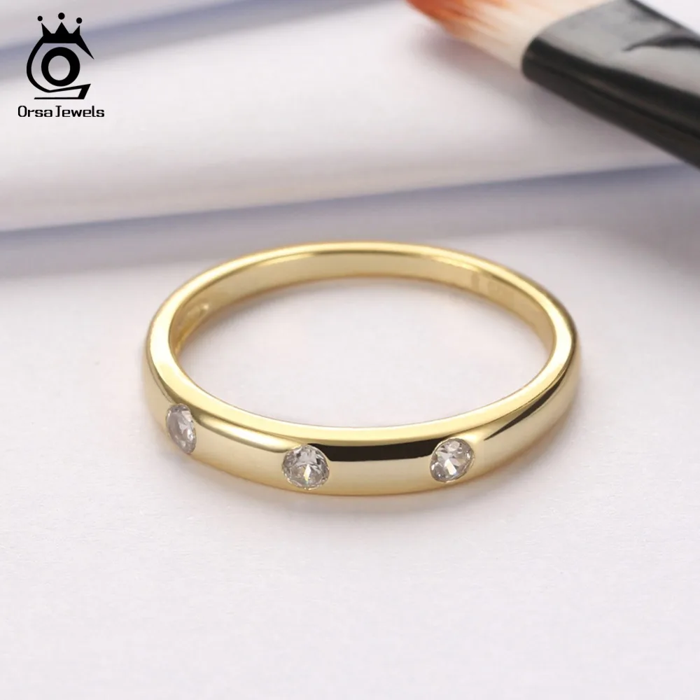 ORSA JEWELS 925 Sterling Silver Women Rings Classic Wedding Band AAA Zircon Gold-color Fashion Engagement Ring Jewelry SR67-G