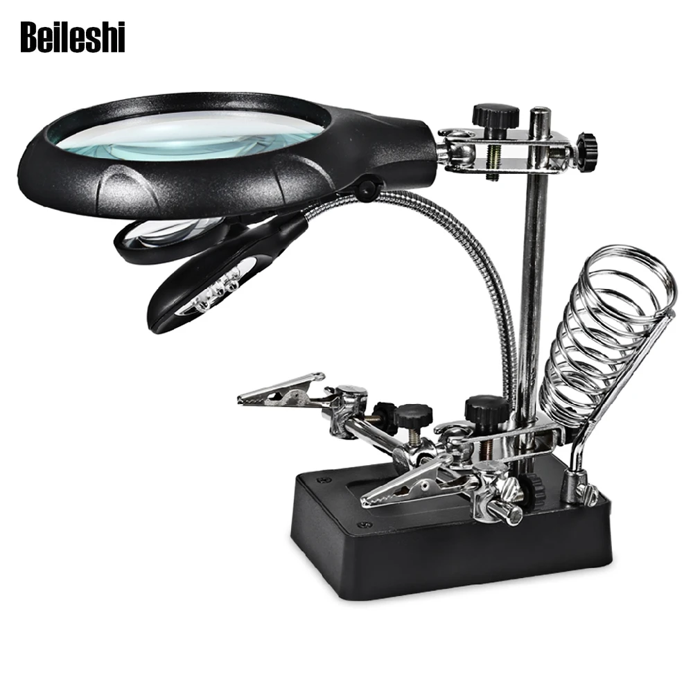 New LED Illuminated Desktop 10X Magnifier Lupa Helping Hand Auxiliary Clamp Alligator Clip Stand 5 Lights Mangnifying Glass | Инструменты