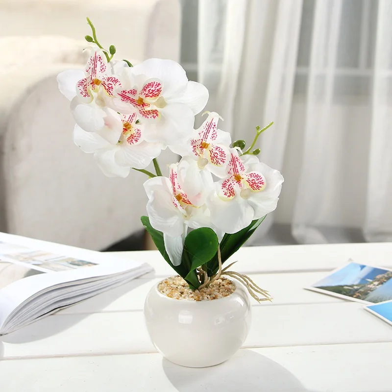 1 Juego de flores de orquídeas artificiales en maceta + hoja de espuma + jarrón de plástico doble flor de simulación Linda Bonsai decoración del hogar accesorios 1 Juego de flores de orquídeas artificiales en maceta + hoja de espuma + jarrón de plástico doble flor de simulación Linda Bonsai decoración del hogar accesorios