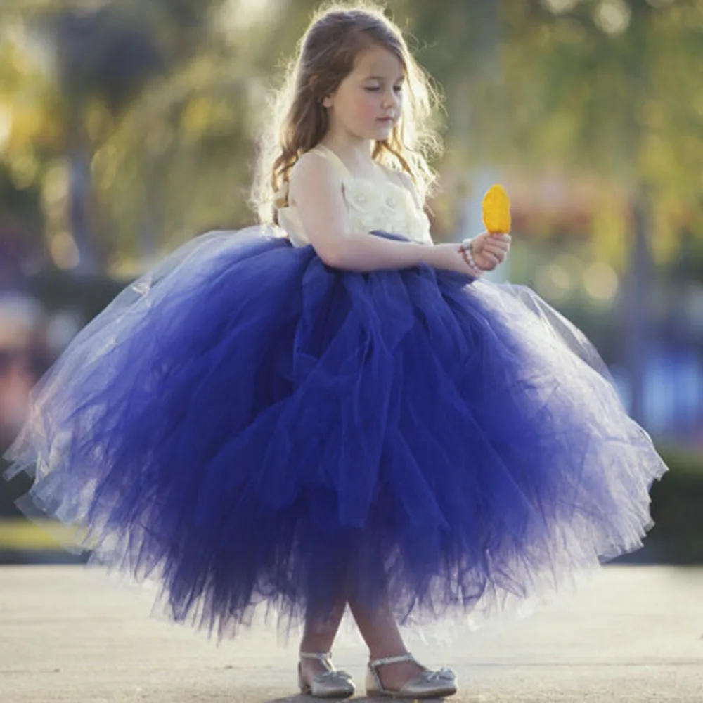 

Elegant Navy Blue Flower Girl Dress for Girl Wedding Junior Bridesmaid Clothes Children Kid Fluffy Princess Birthday Party Dress