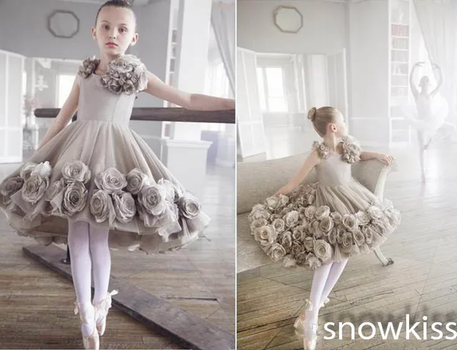 Cheap 2016 Gray Ballet Knee Length Flower Girl Dresses for Pageant Birthday wedding glitz kids evening prom ball gowns with Flower
