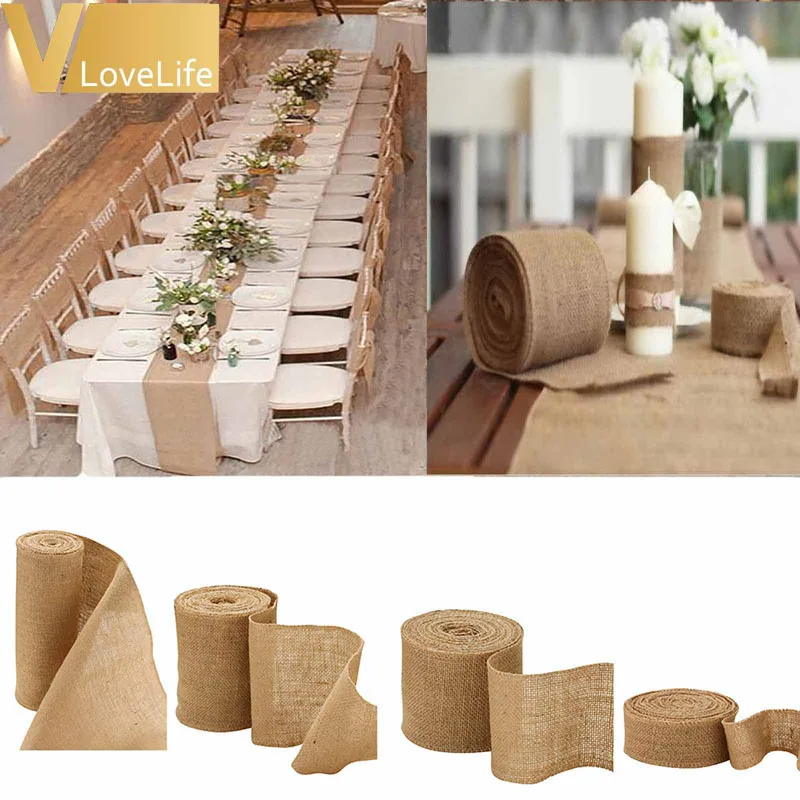 

10Meter Natural Jute Hessian Burlap Ribbon Roll Burlap Table Runners Wedding Party Chair Bands Vintage Home Decor 4 Size