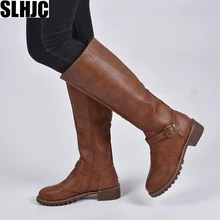 SLHJC/Коллекция года; сезон осень-зима; женские сапоги до колена с боковой молнией на среднем каблуке в стиле ретро; кожаные сапоги для верховой езды размера плюс; Женская Классическая мода