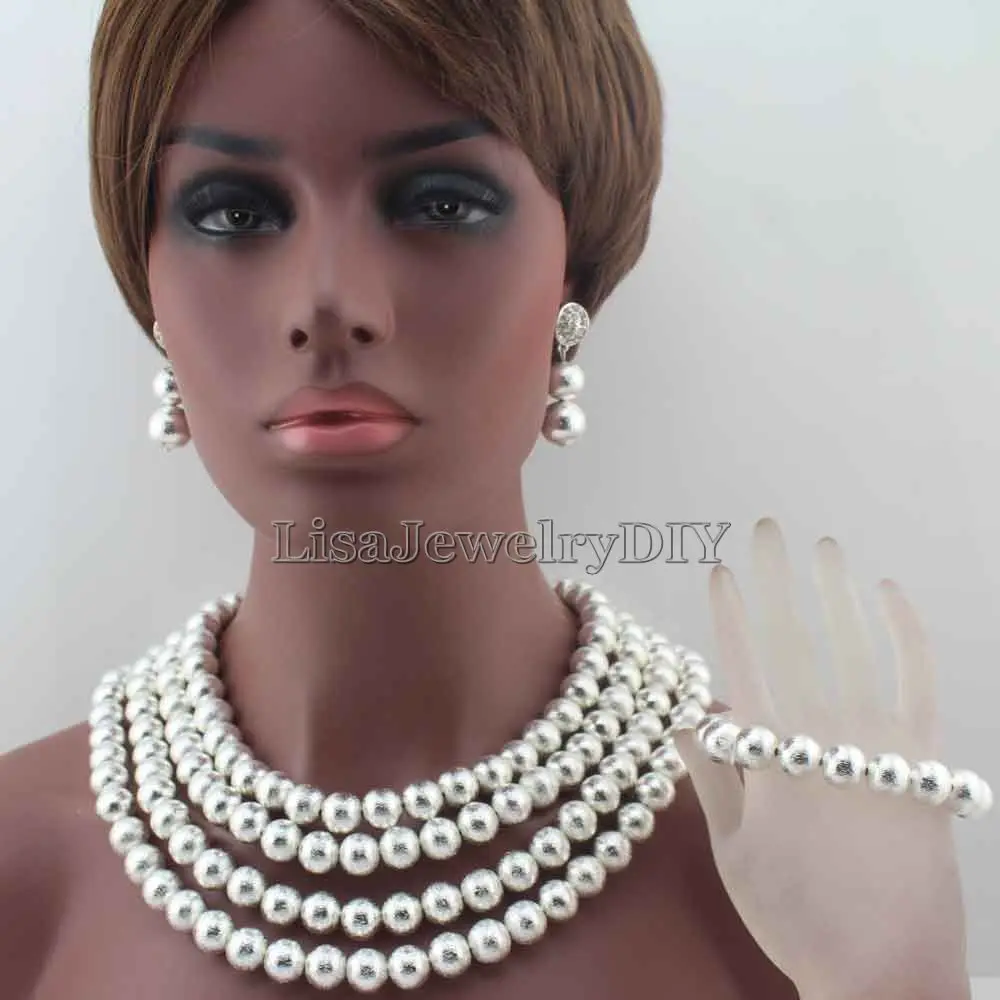 African Silver Beads Bridal Jewelry Set Wedding Nigerian Costume