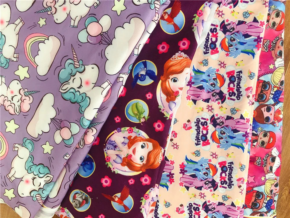 

50*150m Unicorn rainbow little girl Sophia elastic knit cotton fabrics Patchwork DIY baby girl clothing material Sewing T-shirt