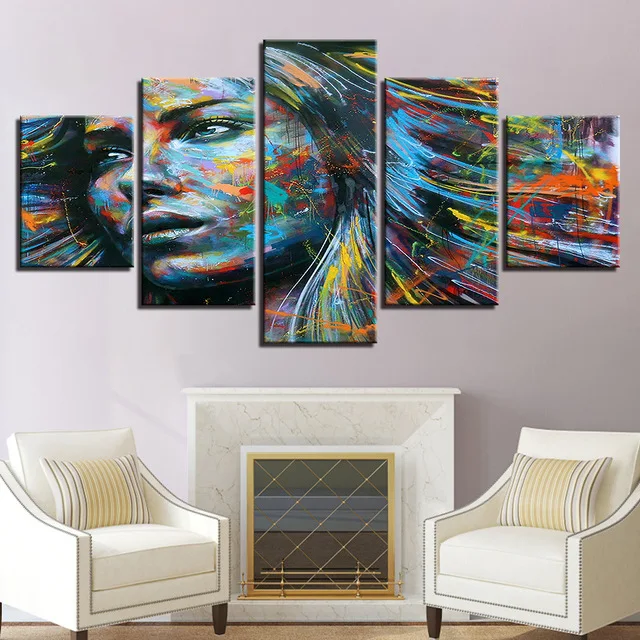 

Canvas HD Prints Paintings Wall Art Home Decor Room Framework 5 Pieces Colorful Hair Figure Woman Face Poster Abstract Pictures