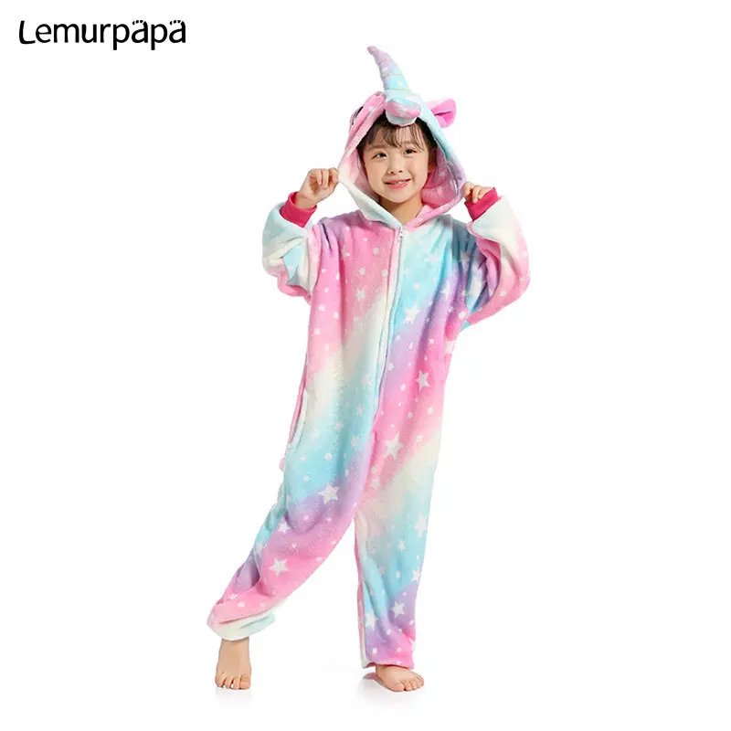 

Unicorn Onesie Children Pajama Set Kids Winter Clothes Flannel Warm Kigurumis Winter Zipper Outfit Girls Stars Sleep Suit Cute