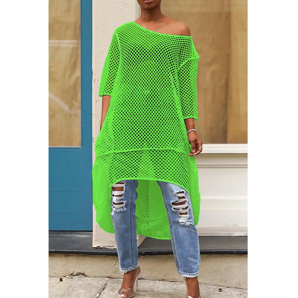 Женское свободное пляжное платье с коротким рукавом, большая накидка из сетчатой ткани, однотонная сетчатая Повседневная блузка, рубашка, топы, модная летняя футболка - Цвет: Зеленый