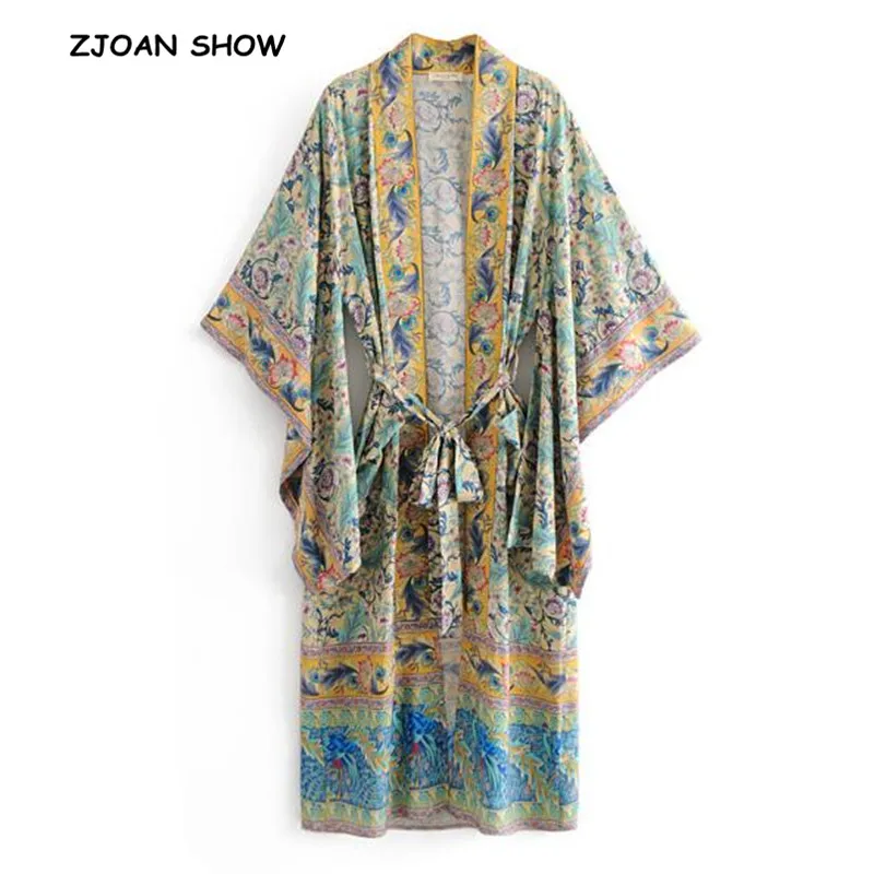 Women Bohemian V neck Pteris Flower Print Kimono Shirt Holiday Beach Bow tie Sashes Maxi Long Cardigan Blouse Tops