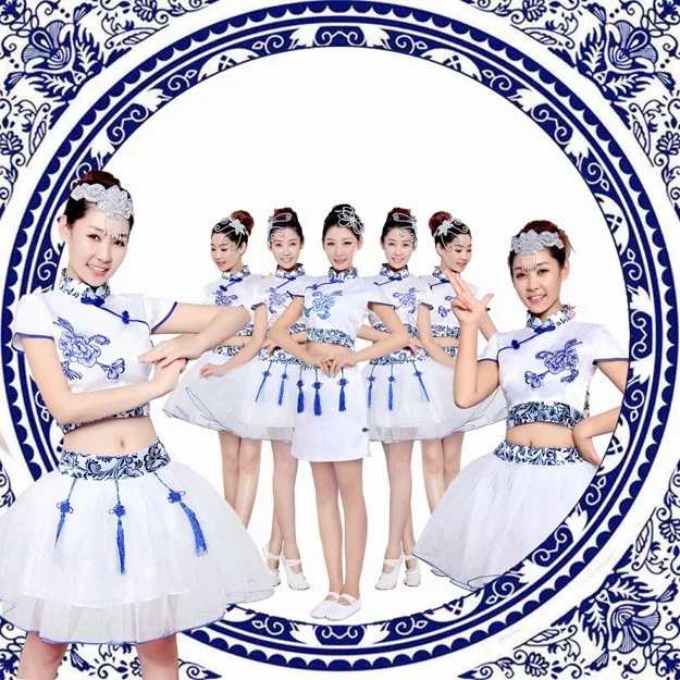 women blue and white porcelain costume cheongsam folk style classical dance drum wear national dance stage performance clothes