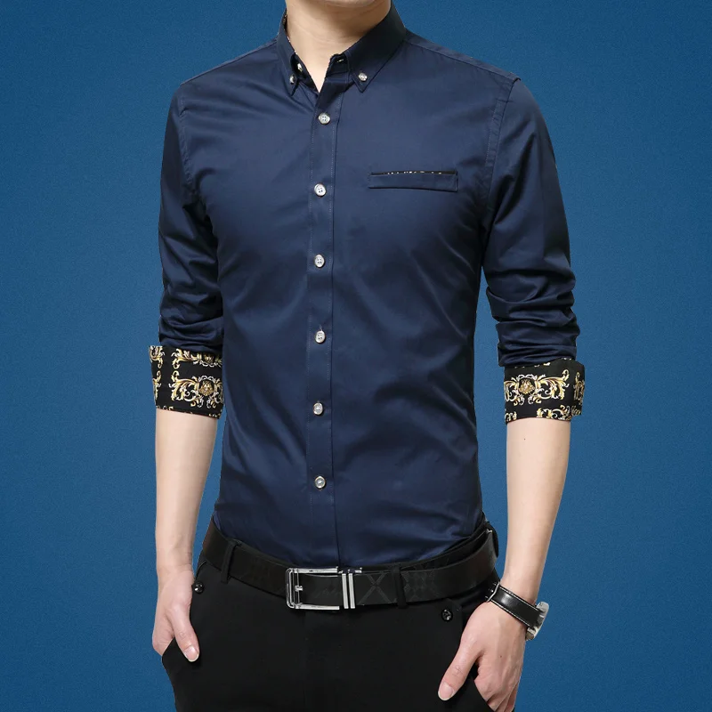 New Fashion Contrast Color Collar Men Shirt Long Sleeve Slim Fit Shirt ...