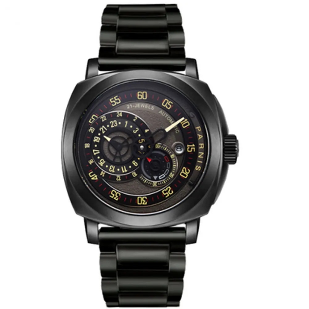 

44MM PARNIS 21 jewels Japanese Miyota automatic Self-Wind Mechanical watches Black dial Sapphire Crystal men's watch PVD Coated