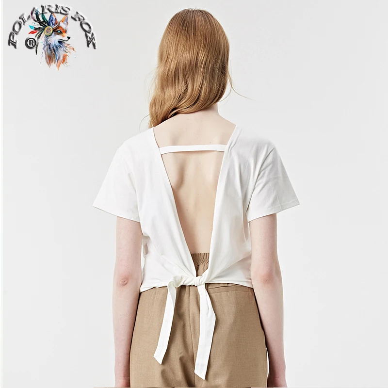 2018 Summer sexy Shirt Women Loose Style Solid blouse new summer beach vacation butterfly bow and back tie round neck sexy shirt Blouses