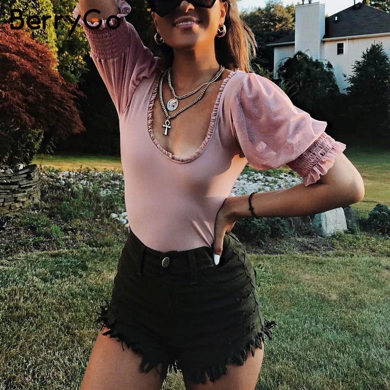 BerryGo women bodysuits Sexy bodysuits Summer bodycon rompers short puff sleeve chiffon shirt bodysuit ladies t shirt playsuit BerryGo women bodysuits Sexy bodysuits Summer bodycon rompers short puff sleeve chiffon shirt bodysuit ladies t shirt playsuit