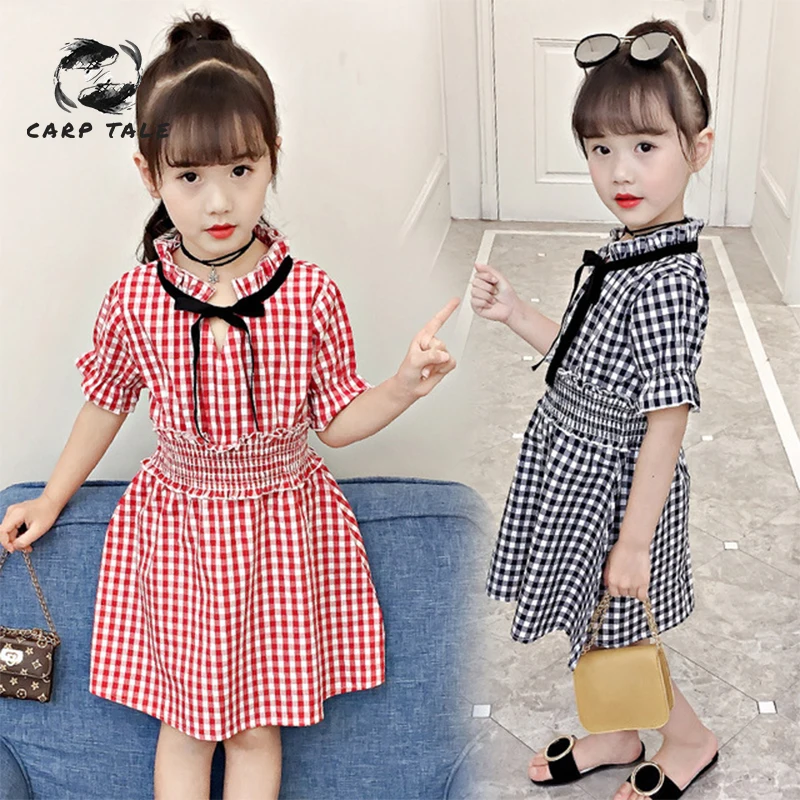 

2019 girls plaid dress bow children's public dress lotus leaf collar short-sleeved children's clothing kids dresses for girls