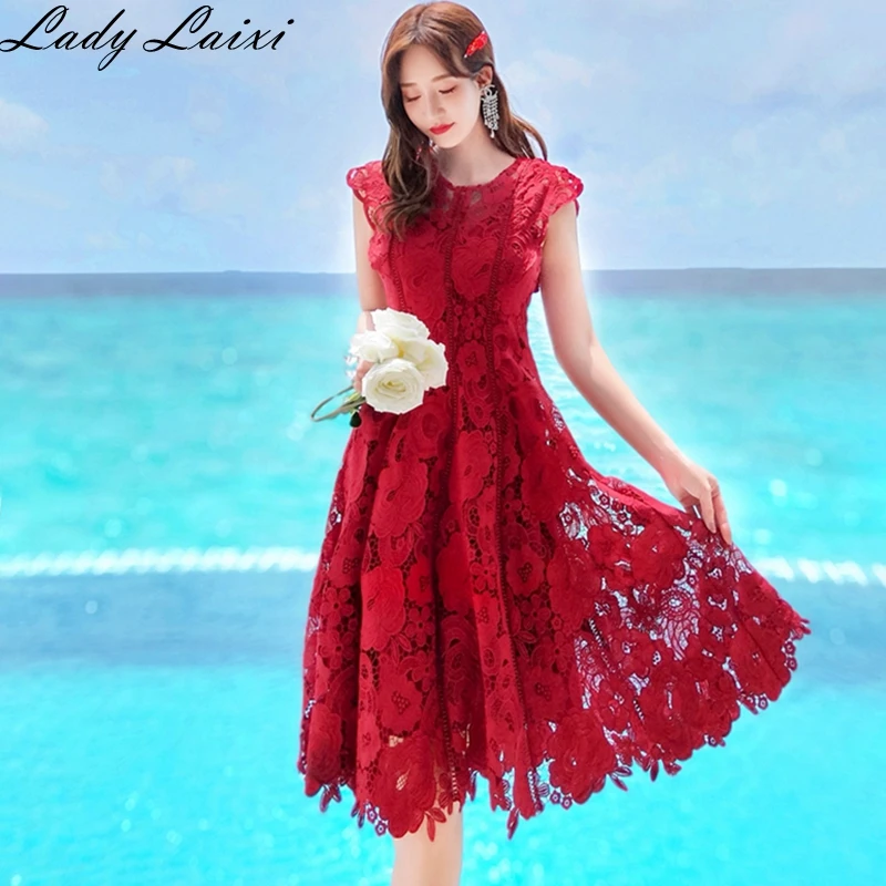 

2019 High quality Women Party Dress Vintage Red Lace O Neck Runway Dress Elegant Ladies Dresses Summer Clothes For Women