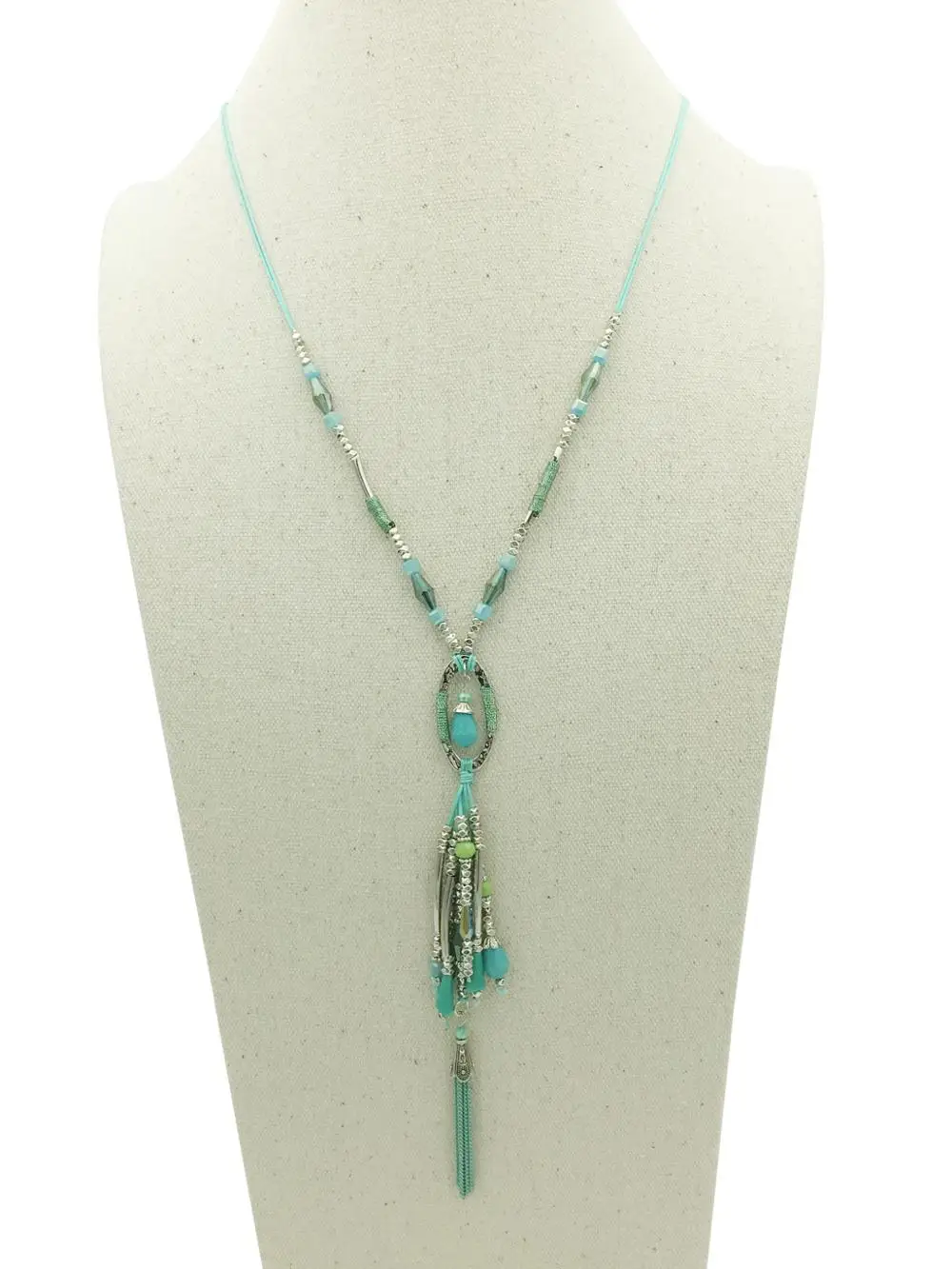 Green Color Bohemia Long Chain Tassel Statement Necklace Crystal Beads