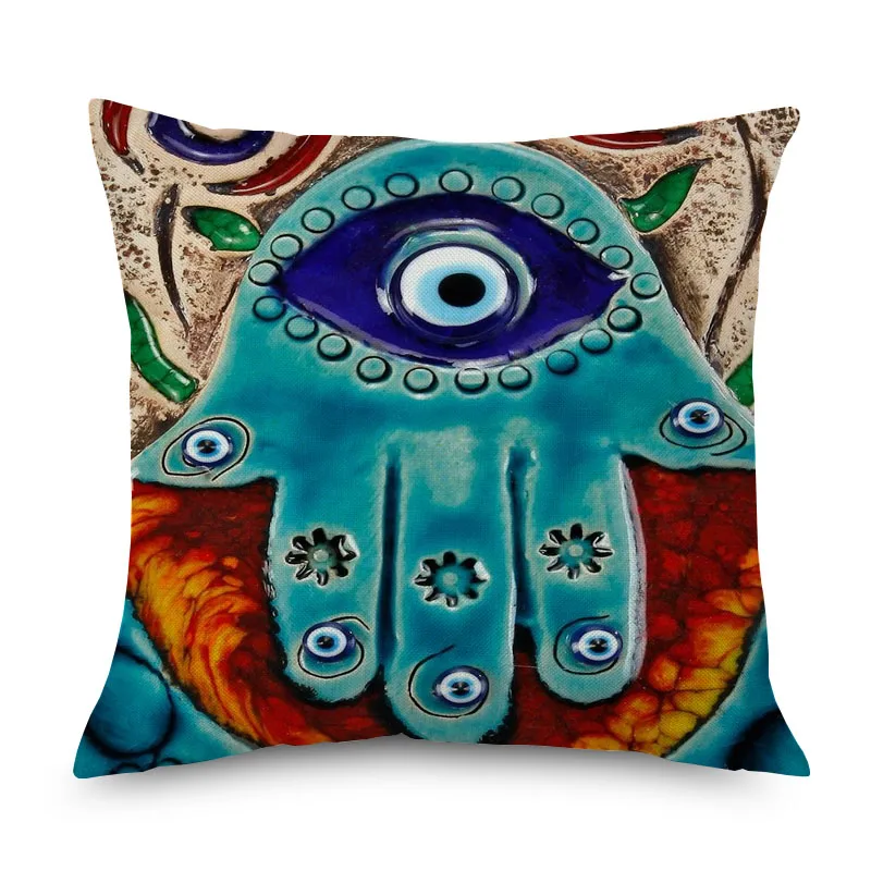 

Hamsa Hand Ramadan Decoration Cushion Cover Watercolor Lucky Hand Evil Eyes Pillow Covers 45X45cm Linen Pillow Case