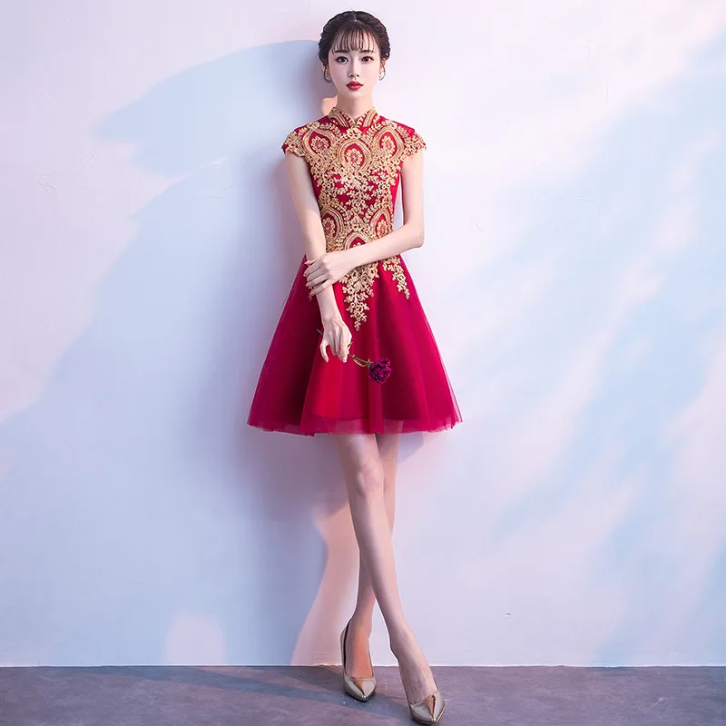 

High Quality V-neck Cheongsam Sexy Qipao Women Traditional Chinese Red Dress Evening Gown Party Dresses Style Chinois Femme