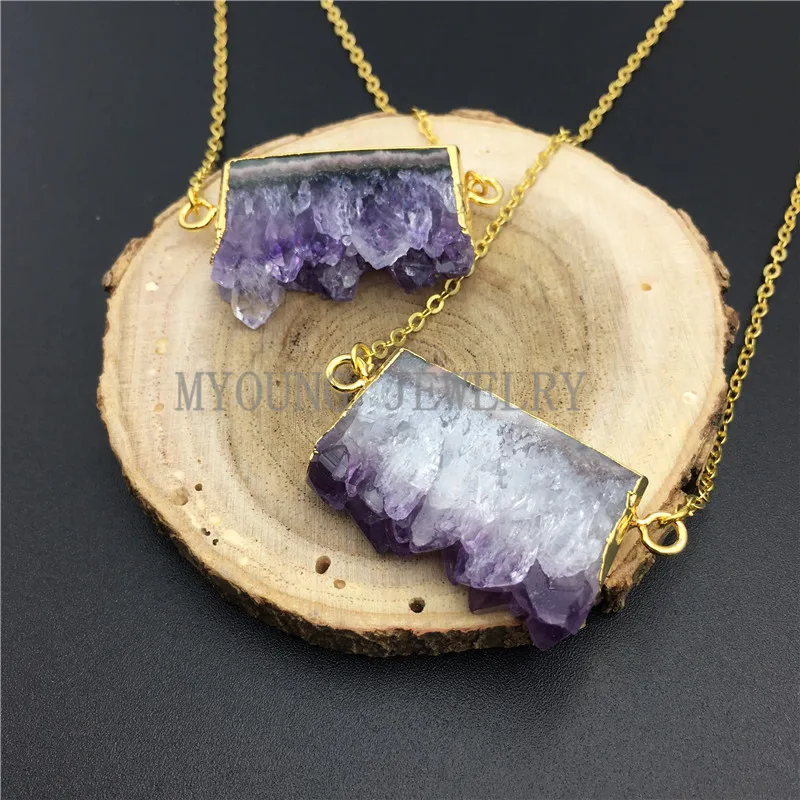 MY0862 Rectangle Purple Crystal Druzy Stalactite Slice Pendant Connector Necklace With Gold Color Chain (2)