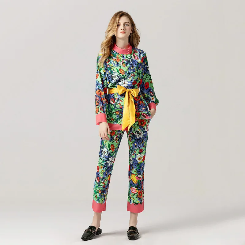 

Quality European American Elegant Women's Indie Folk Pants Suits Long Blouse Slim Trousers Runway Printing Twin Sets Plus Size