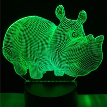 Новые яркие молодых носорога 3D 7 цветов Изменение Настольная лампа LED Ночные светильники Детская комната Декор освещение ребенок детские подарки