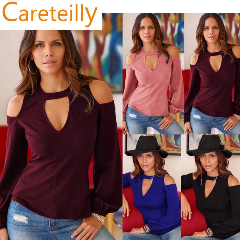 

Women Off Shoulder Shirts Long Sleeve Casual Round Neck Tee Tops