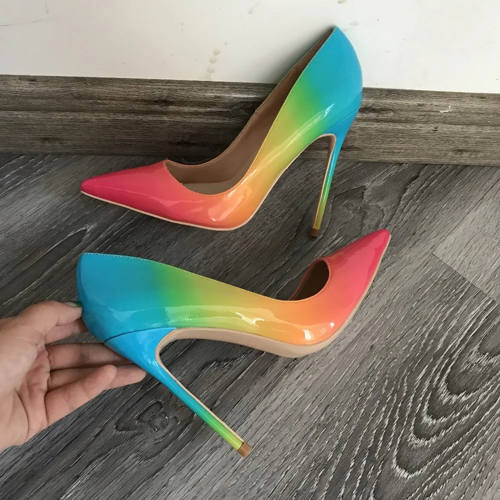 

2018 Newest Yellow Blue Green Gradient Color High Heel Shoe Sexy pointed Toe Thin heels woman pumps Stiletto Heels