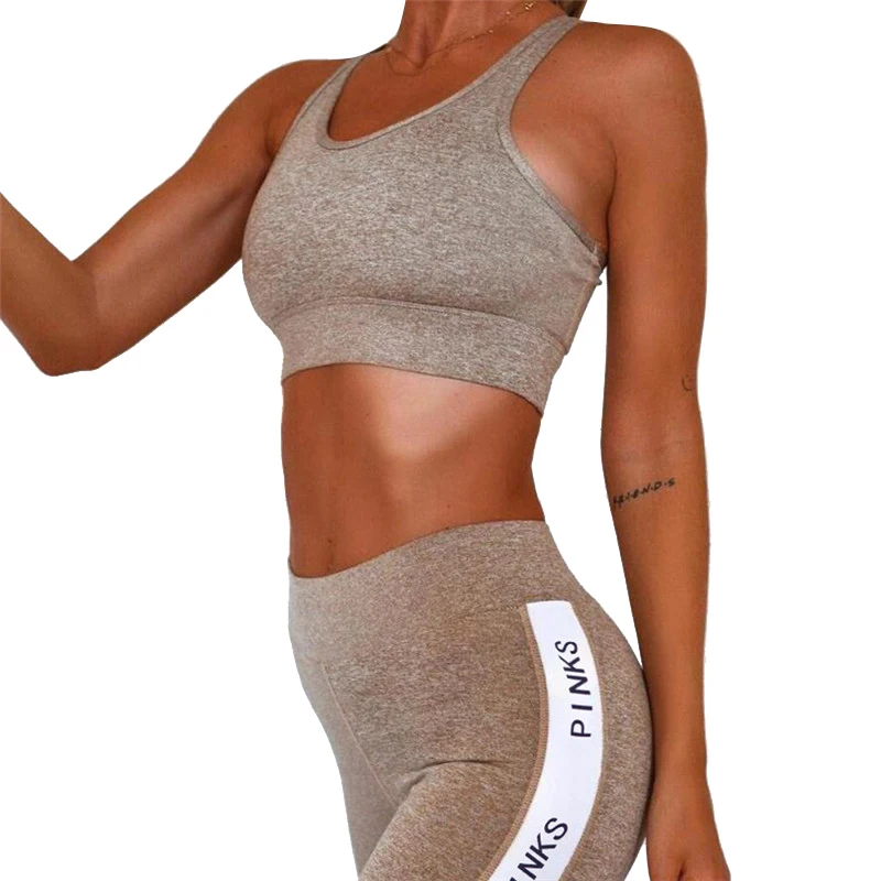 

Women slim Fitness Sports Suit 2019 Running Yoga Tracksuit Female Leggings Letter Print Gym Clothing Sports Bra+Hight Waist Pant