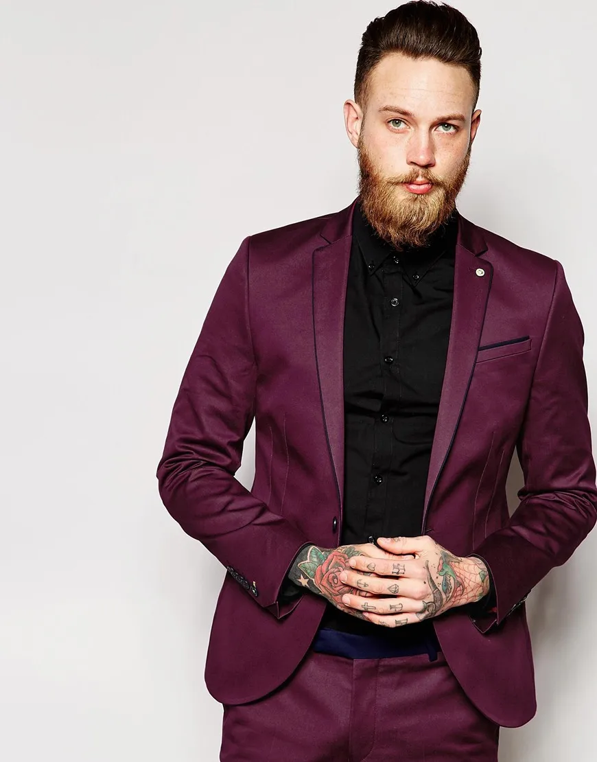 2017 Latest Coat Pant Designs Burgundy Men Suit Slim Fit Skinny Tuxedo