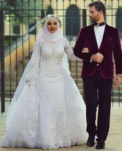Arab Hijab Saudi 2017 Vintage Muslin Wedding Dresses With Detachable Train High Neck Long Sleeves Beaded Over Skirt Wedding Gown