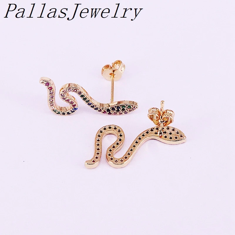 5Pairs New fashion Micro Pave Rainbow Cz Zirconia Gold Filled Snake Stud Earrings Colorful Delicate Top Quality Jewelry