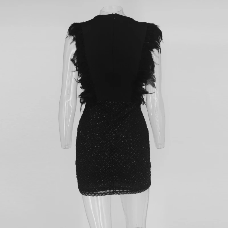 NATTEMAID вечернее платье с перьями, женское винтажное платье с глубоким v-образным вырезом без рукавов с блестками, Короткое мини-платье-карандаш для ночного клуба