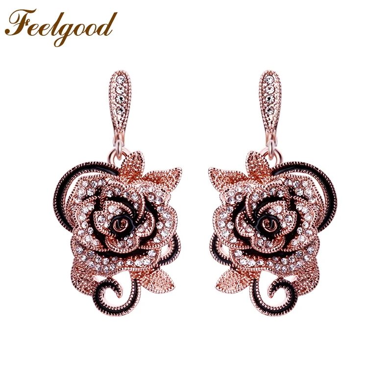 

Feelgood Fashion Jewelry Drop Earring Crystal And Black Enamel Gold Color Big Flower Earrings For Women Lady Wedding Pary Gift