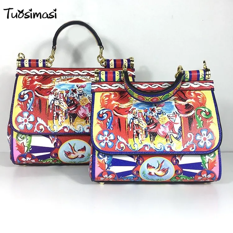

2018 luxury runways party split leather vintage retro Sicily print totes crossbody women Handbags (HB004)