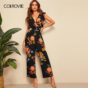 

COLROVIE V Neck Surplice Wrap Ruffle Trim Botanical Print Boho Jumpsuit Women 2019 Summer Holiday Shirred Sexy Jumpsuits