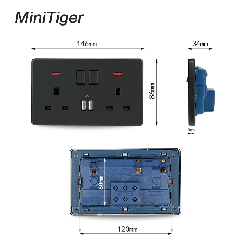 Minitiger настенный разъем питания двойной Великобритании стандартный отвод переключается 2.1A двойной USB зарядное устройство Порт светодиодный индикатор 146 мм* 86 мм черный цвет