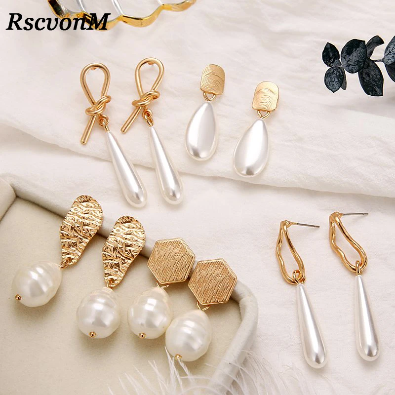 

RscvonM 2019 Japan Hot Trendy Matte Gold Irregular Geometric Natural Freshwater Pearl Stud Earrings For Women Fashion Brincos