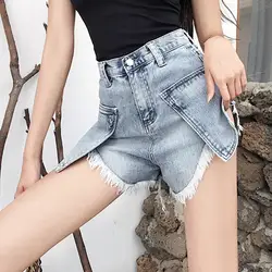 2019 женские джинсы Mujer модные джинсы с высокой талией потертые необработанные подол разорван нерегулярный свободные шорты из денима