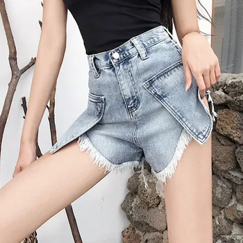 

2019 Women's jeans mujer Fashion Jean High Waist Frayed Raw Hemline Ripped Irregular Loose Denim Shorts