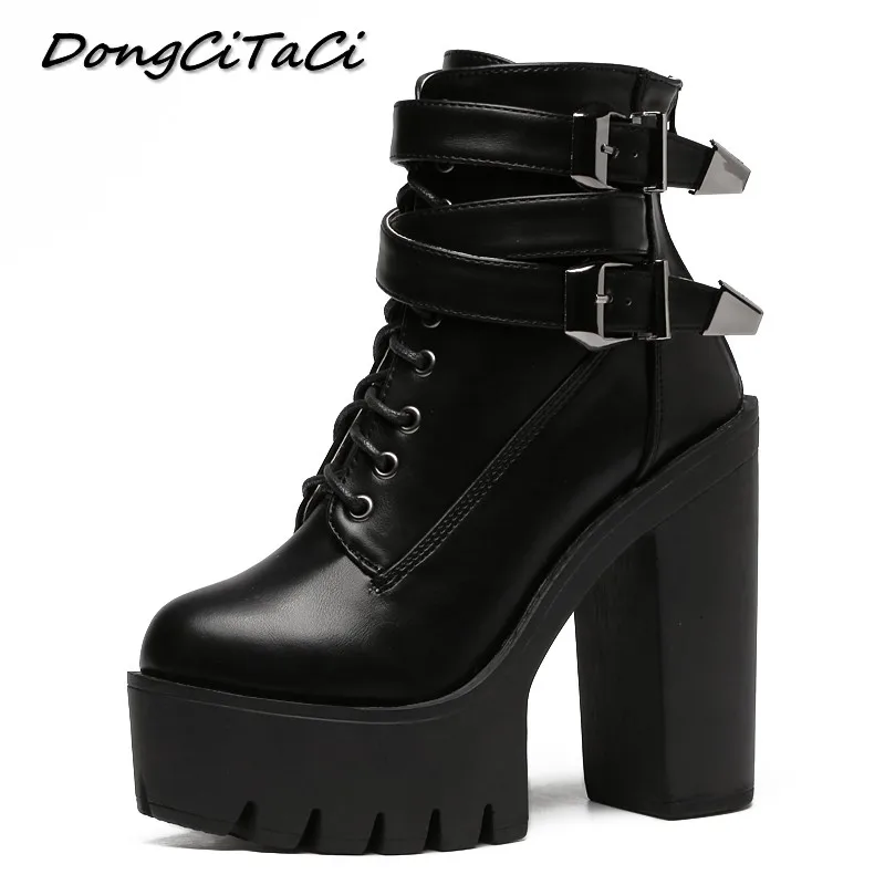 

DongCiTaCi Cross Strap Buckle Ankle Boots Shoes Woman Platform Gothic Block Chunky Thick Ultra High Heel Female Gladiator Bootie