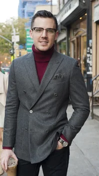 Skup 2017 Najnowsze Wzory Płaszcz Pant Palenia Szary Tweed Podwójne Piersi Mężczyźni Kurtka Slim Fit Skinny Smokingi Garnitury Niestandardowe Marynarka Vestidos
