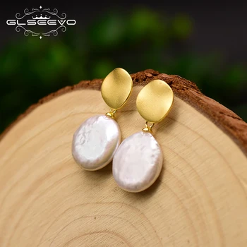 

GLSEEVO 925 Sterling Silver Round Drop Earrings Natural Baroque Pearl Scrub Dangle Earrings For Women Fine Jewelry Aretes GE0784