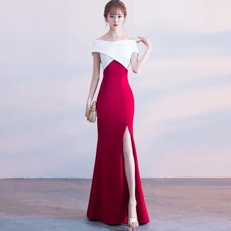 

2019 New Fashion Elegant Maxi Split Dress Women Sexy Slash Neck Backless Patchwork Short Sleeve Red Dress Party Long Dresses