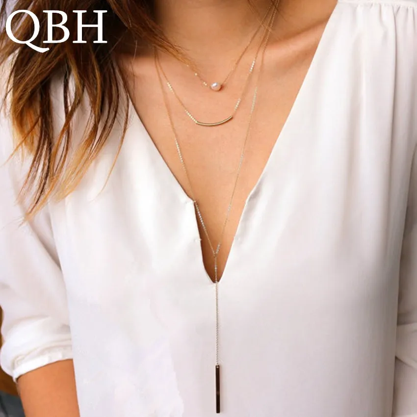 

NK1084 Multilayer Fashion Pearl Bending Tube Pipe Bar Chain Necklace Long Pendant Necklace For Women Clavicle collier ras du cou