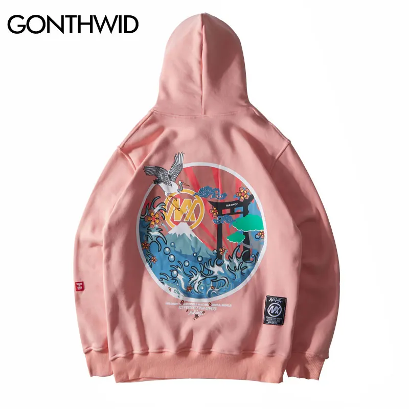 

GONTHWID Japanese Embroidered Cranes Fleece Hoodies Streetwear Men Women 2019 Hip Hop Casual Pullover Sweatshirts Pink Naby Blue